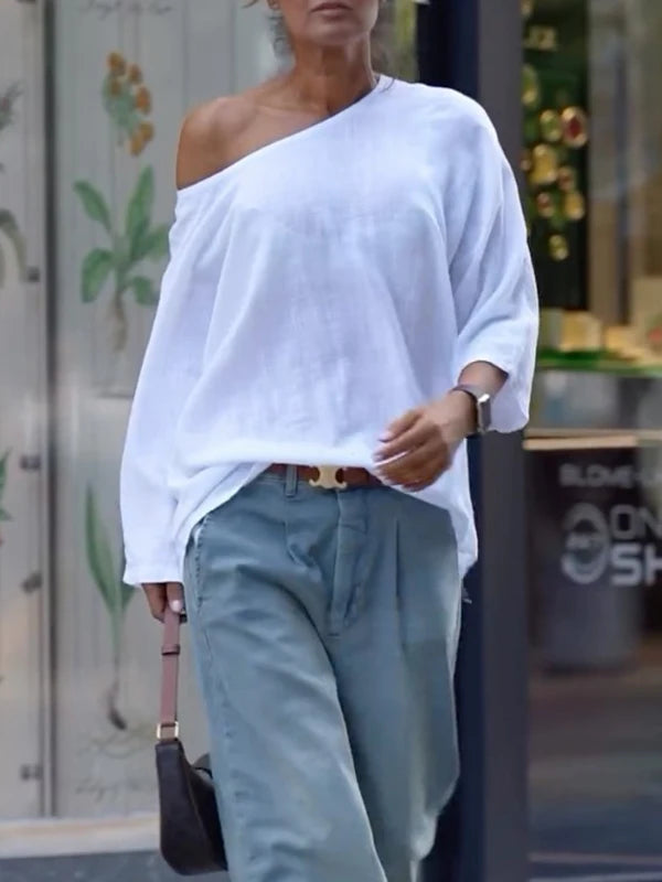 2025 Summer Spring Casual White T-shirts One-shoulder Long Sleeves Loose Simple Basic Tops Tee Shirts S-2XL
