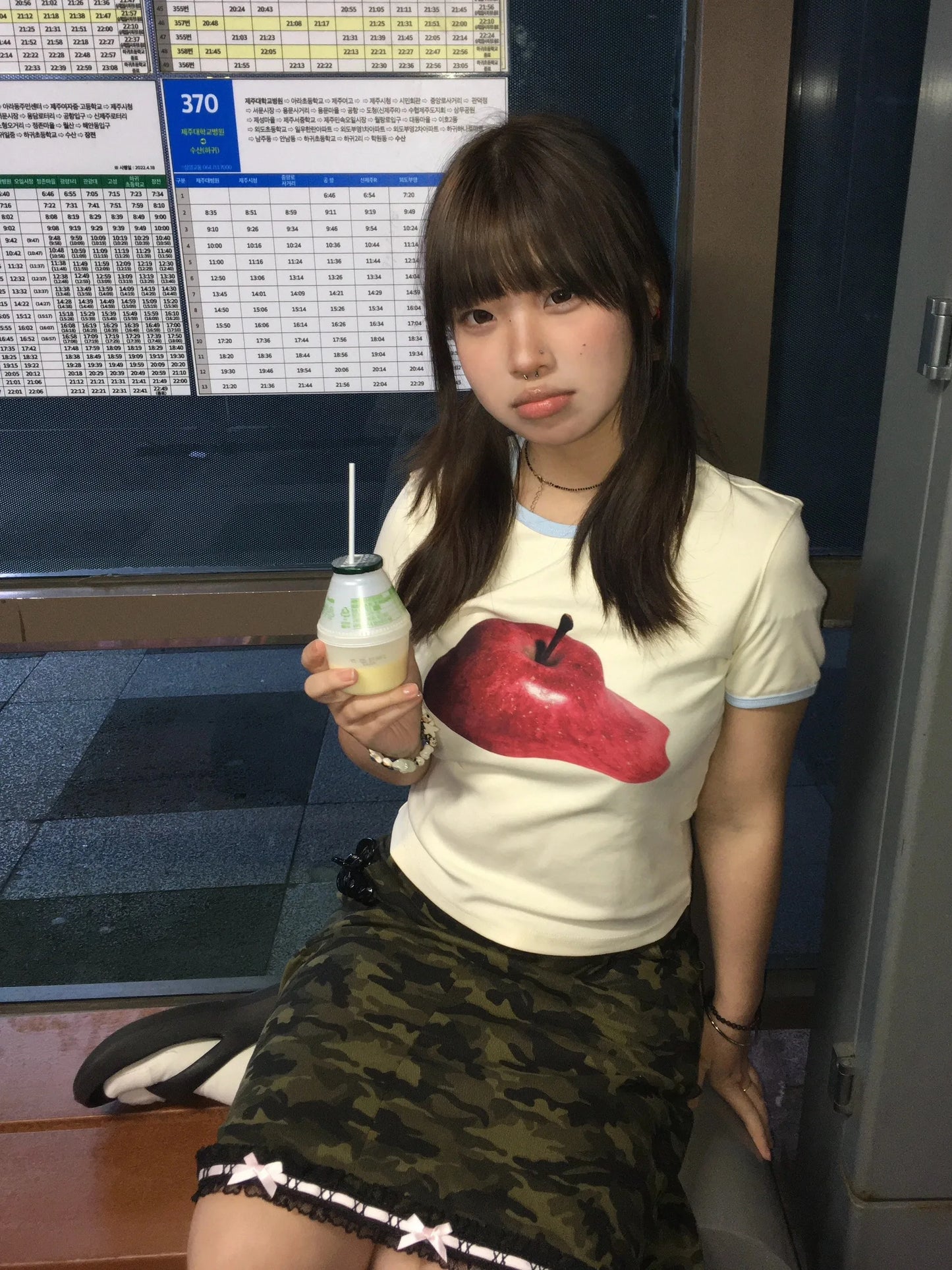 Karrram Japanese Y2k Apple Print T-shirt Vintage 2000s Style Crop Top Harajuku Aesthetics Short Sleeve Tee Shirt American Retro