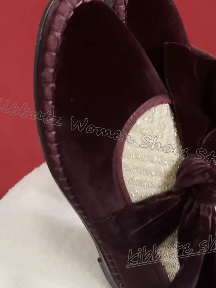 Velvet Bows Pumps Knots Solid Color Slip-On Round Toe Flat with Novelty Fashion Luxury Elegant Comfortable Sexy Women Shoes New