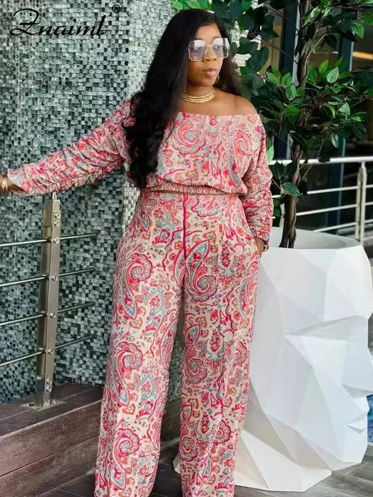 Znaiml Fashion Print 2 Pieces Pants Women's Sets Summer Off Shoulder Long Sleeve Crop Top and Wide Leg Trousers Suits Tracksuit