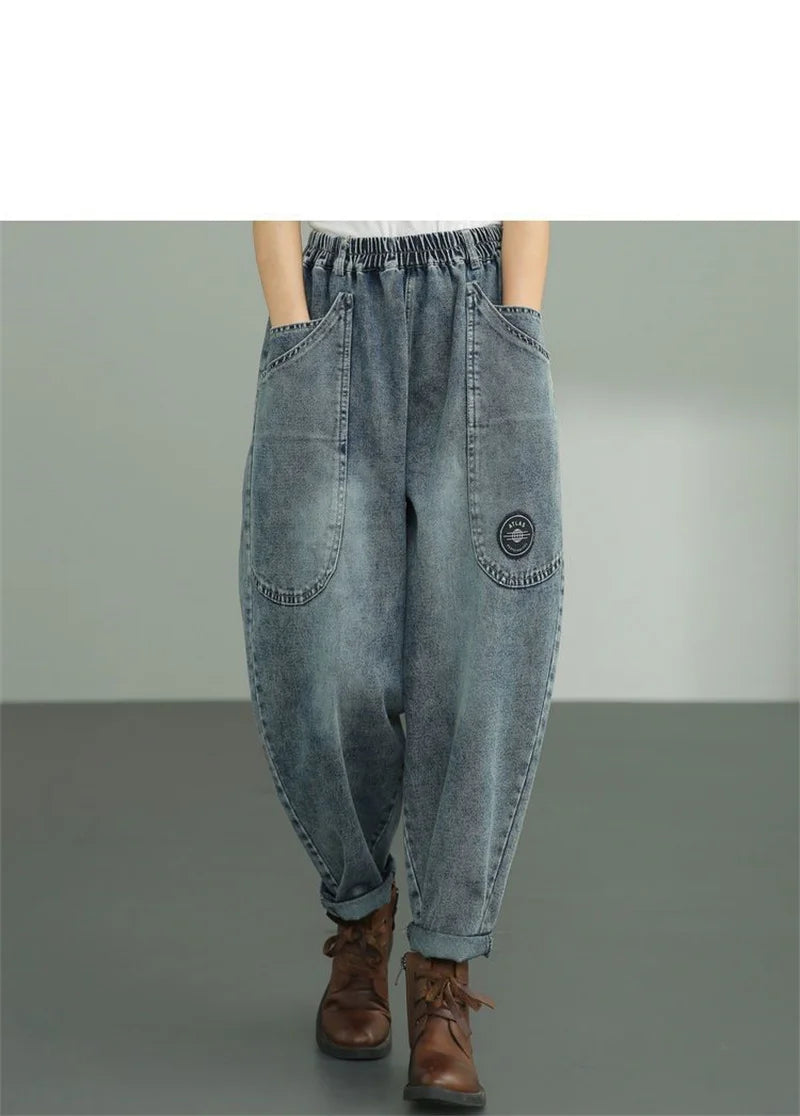 Women Loose Denim Tight Harem Pants 2024Summer Female Fashion Big Pocket BF Wind Elastic High Waist Ankle Jeans Female Trend B98