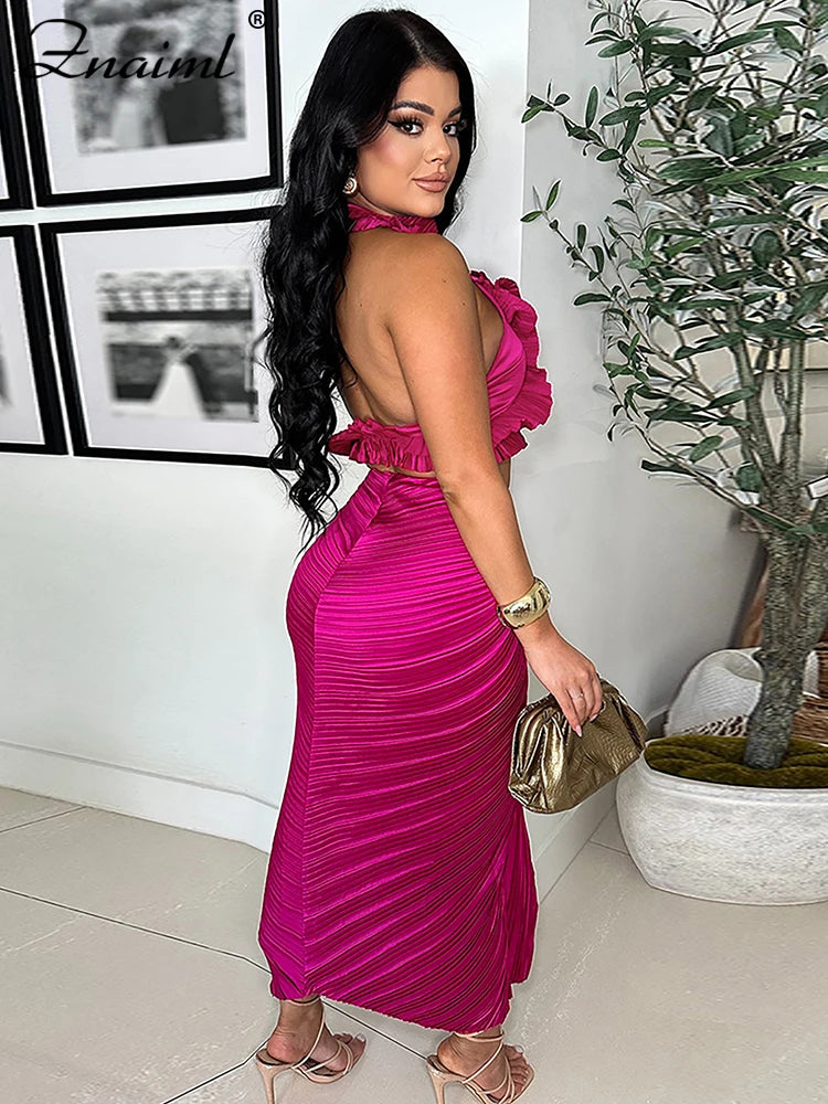 Znaiml Prom Gowns Formal Pleated Two 2 Pieces Women Crop Top and High Slit Skirt Set Ruffles Sexy Night Club Outfits Birthday