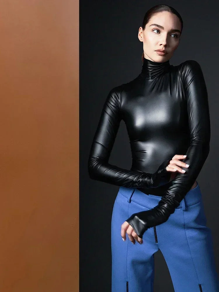 Women Faux Leather Bodysuits Long Sleeve High Neck Slim Jumpsuits Ladies Sexy Stretch Bodycon Bodysuits Party Clubwaer Custom