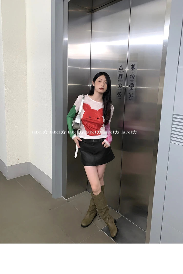 Karrram Y2k Aesthetics Mesh Tops Japanese Harajuku Cartoon Print T-shirt 2000s Vintage Cute T Shirt Korean Style Dopamine Tops