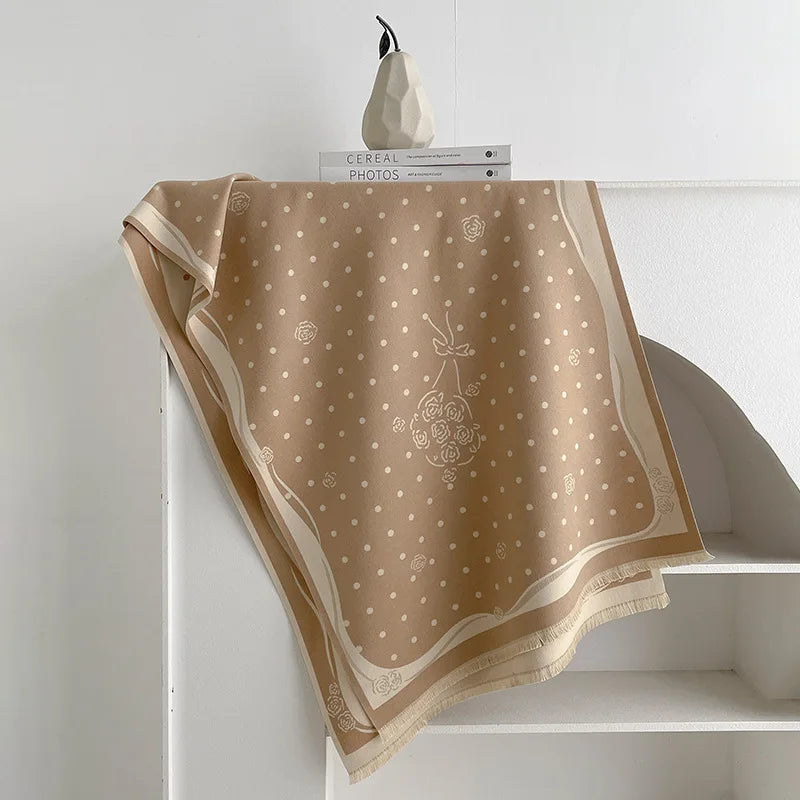 Rose Dot Print Knit Fringe Scarf