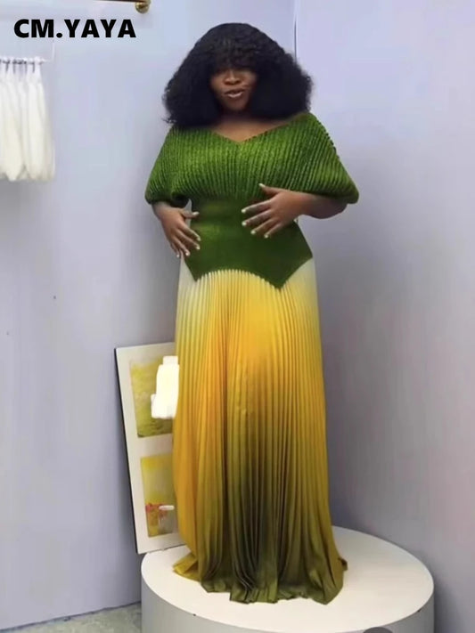 CM.YAYA Gradient Women's Set Short Sleeve V-neck Tops and Pleated Long Skirts Suit Street Two 2 Piece Dress Set African Outfits