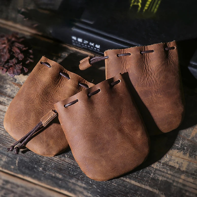 LUOKIR Men's Genuine Leather Coin Purse Simple Vintage Small Card Bag Women's Cowhide Wallet Keys Money Drawstring Storage Bags