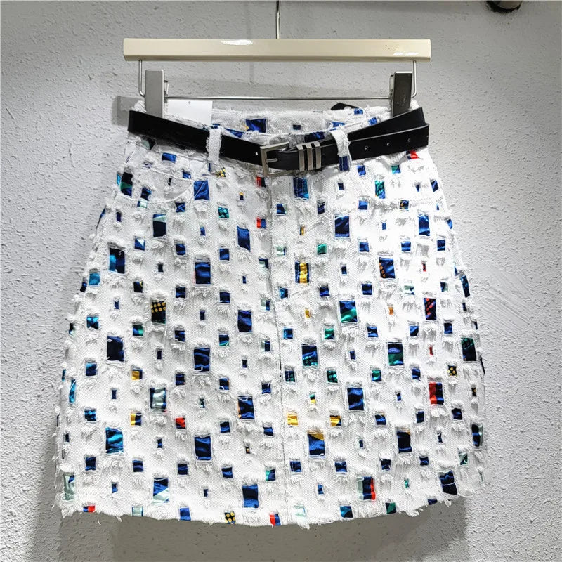 Design denim short skirt hip skirt a word 2024 new burned flower wear trend personalized niche women's clothing