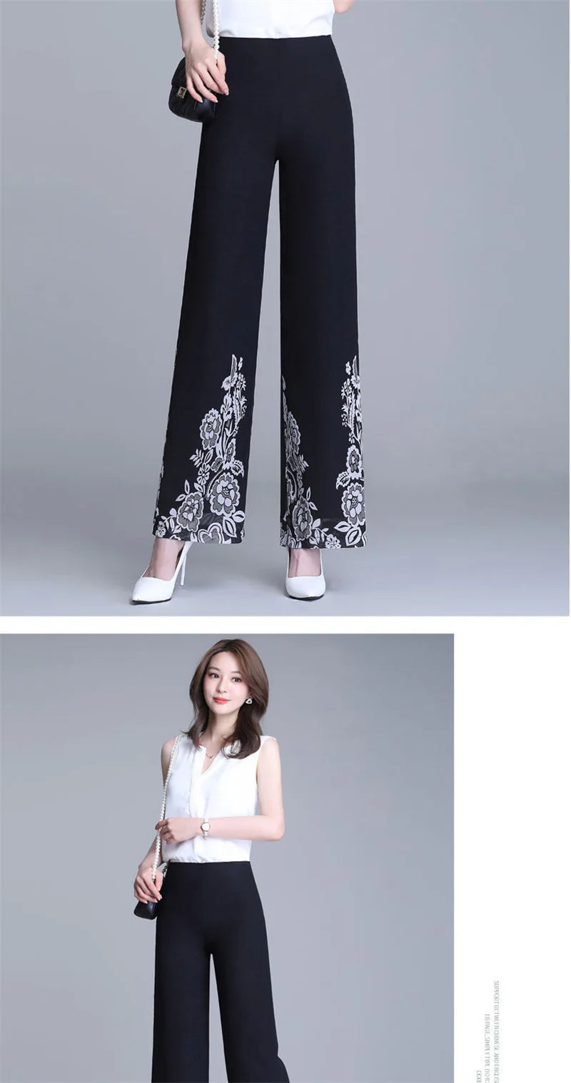 Double Layer Printed Chiffon Wide Leg Pants For Women's Summer New High Waisted Loose Dance Swing Pants Drooping Skirt Pants LA