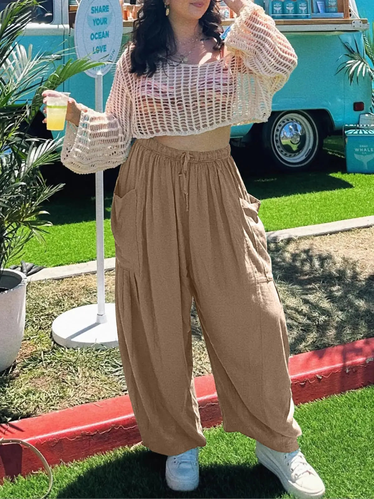 Loose Wide Leg Pants Women's Clothing Elastic Waist Pleated High Waist Casual Cotton Linen Solid Color Trousers Pants