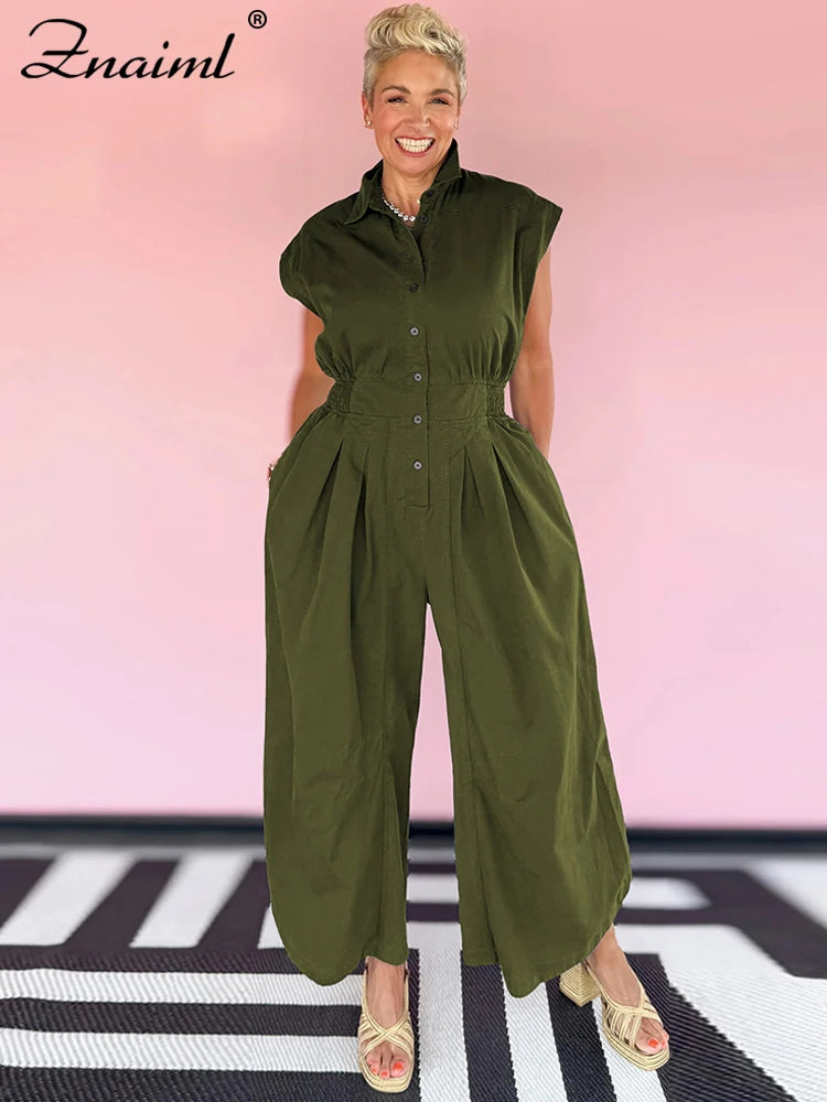 Znaiml Casual Loose Pocket Jumpsuit Women Sleeveless Button High Waist Wide Leg Rompers Street Overalls One Pieces Cargo Pants