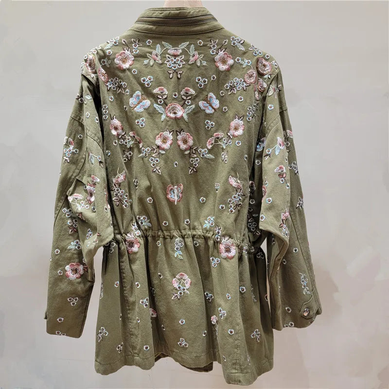 YEAE autumn fashion heavy industry flower embroidered trench coat women's stand-up collar loose drawstring waist trench coat