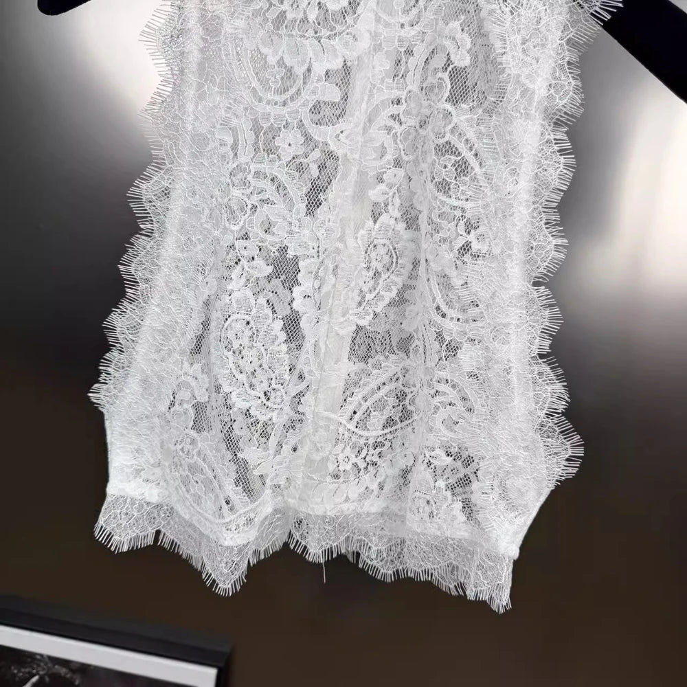 VGH Basics Vintage Spliced Zipper Sheer Vest for Women O Neck Sleeveless Slimming Spliced Lace Edge Temperament Tank Tops Female