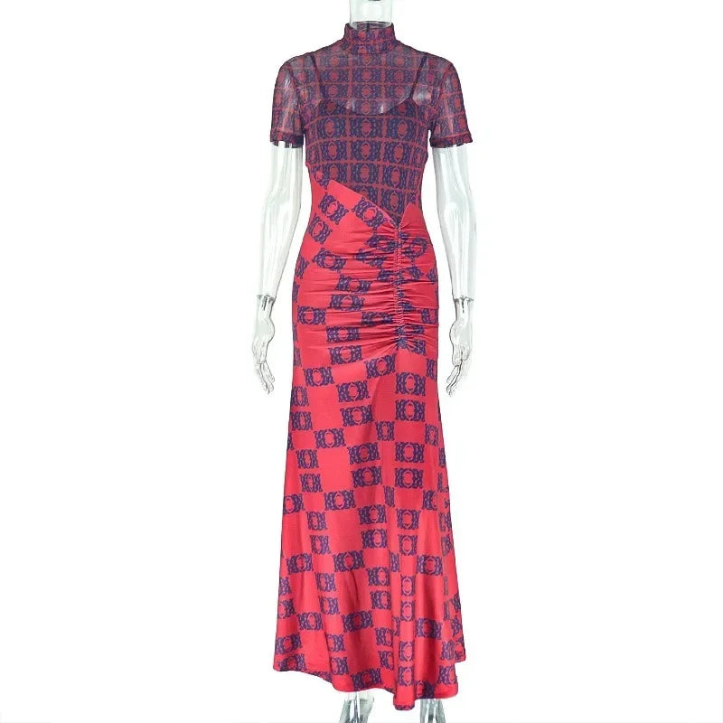 Women's Gauze Spliced Turtleneck Short Sleeve Pleated Waistband Irregular Long Dress, Hips Wrapped
