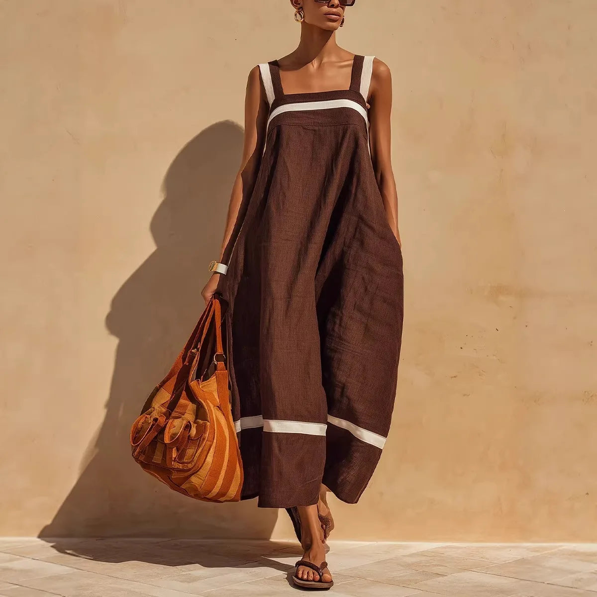 Contrasting Color Stripe Square Neck Spaghetti Strap Pocket Dress for Women