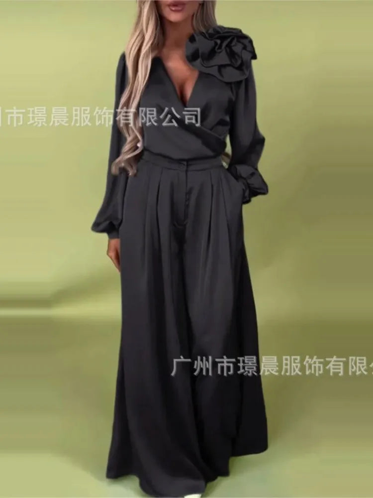 Satin Long Sleeve Shirt and Wide Leg Pants Set for Women