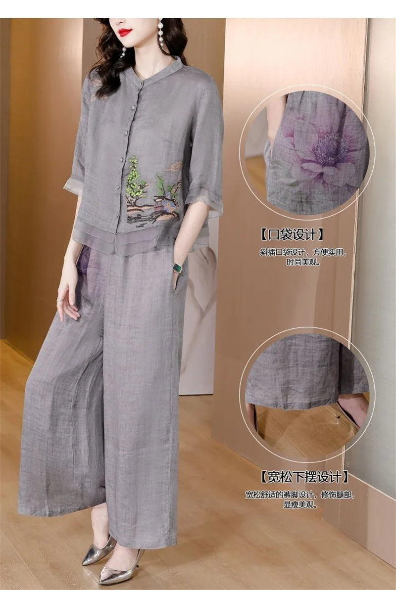 Grey Summer Art Embroidery Chinese Style Set Linen Western Style Summer Wide Leg Pants Casual Fashion Two piece Cotton Set XXXL