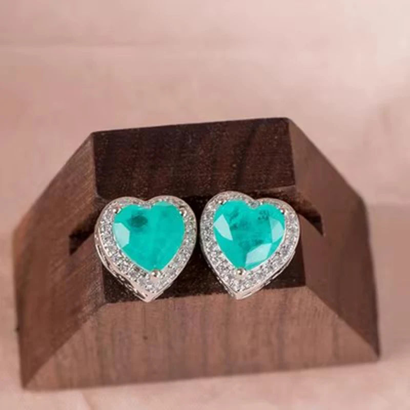 Silver Heart Shape Paraiba Tourmaline Gemstone Stud Earrings For Women Fashion Wedding Statement Jewelry Anniversary Gift