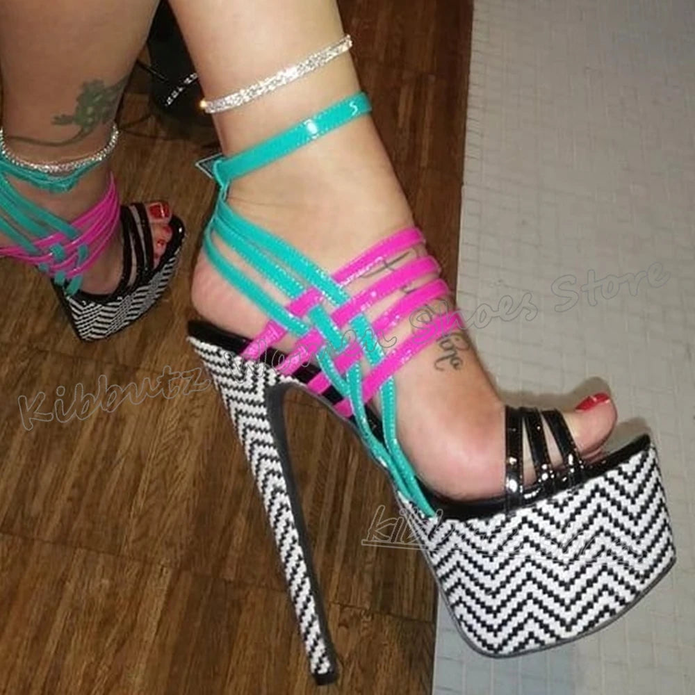 Striped Sandals Platform Round Toe Thin High Heels Mixed Color Leather Fashion Luxury Elegant Concise Sexy Hot Girls Shoes New