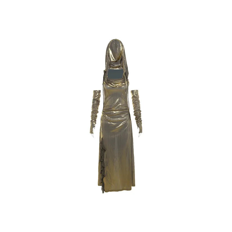 Sylcue Metallic Retro Matte Trendy Distinctive Summer High Street Travel Cool Confident Sexy Women's Hooded Dress With Sleeves