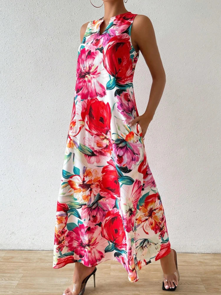 Women's Fashionable V-Neck Sleeveless Dress Floral Print Lightweight Breathable Long Dress Personality Slit Design Comfort