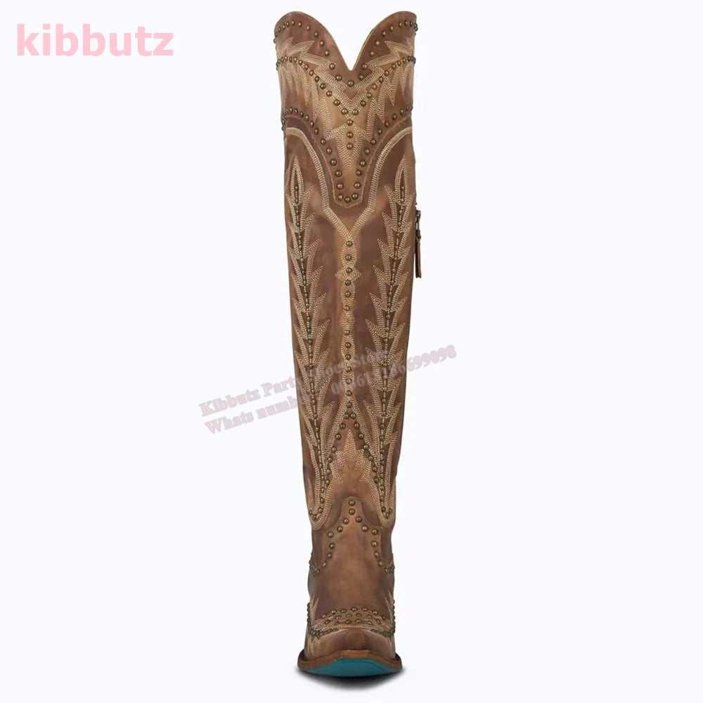 Rivet Cowboy Vintage Boots Over The Knee High Embroidery Lace-Up Luxury Leather Pointed Toe Chunky Heels Fashion Concise Shoes