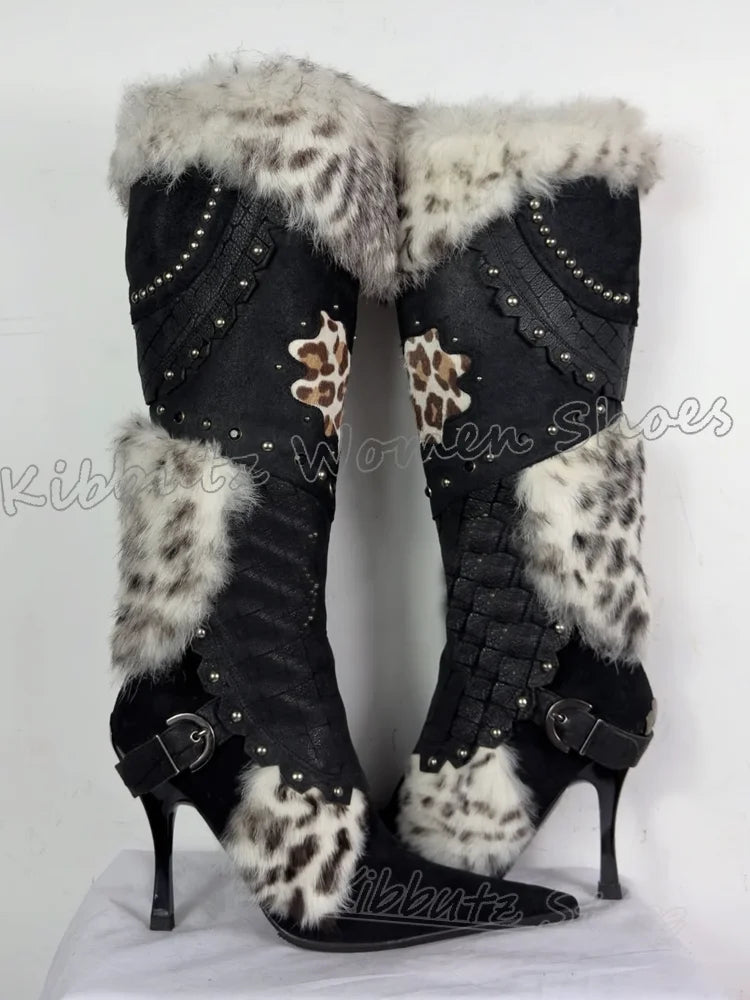Knee High Boot Furry Patchwork Leather Belt Buckle Winter Warm Fashion Novelty Sexy Elegant Concise Pointy Thin Heels Shoes New