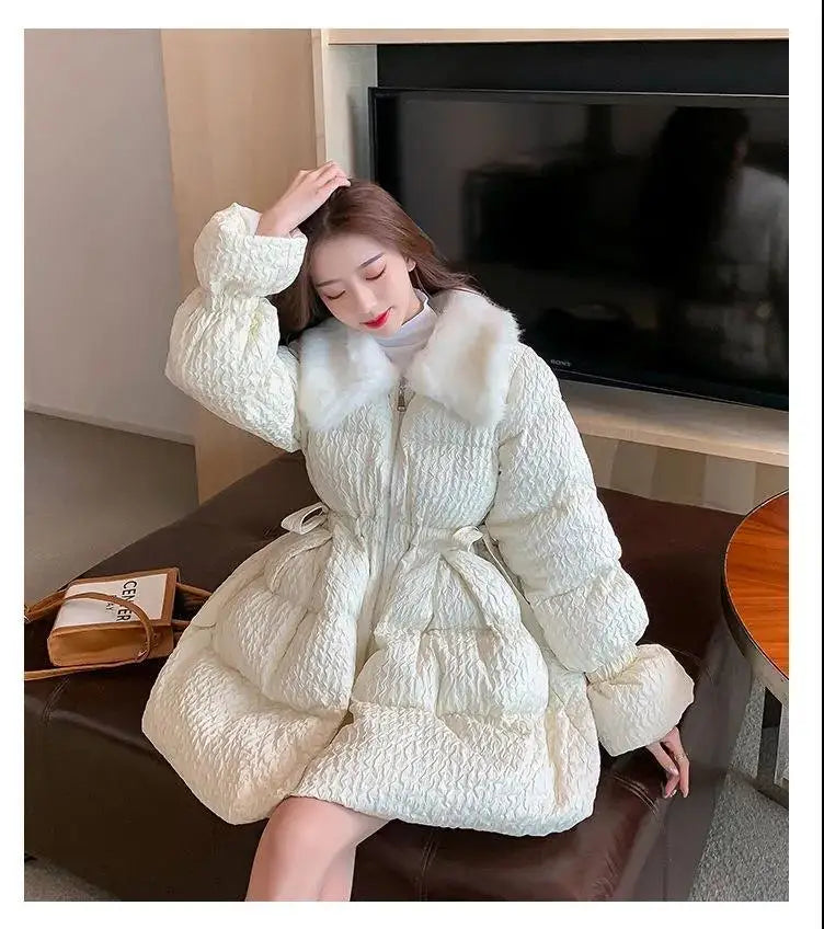 Women Cotton Padded Jacket Coat Female Winter Student Clothing Big Fur Collar Fashionable Medium To Long Parkas