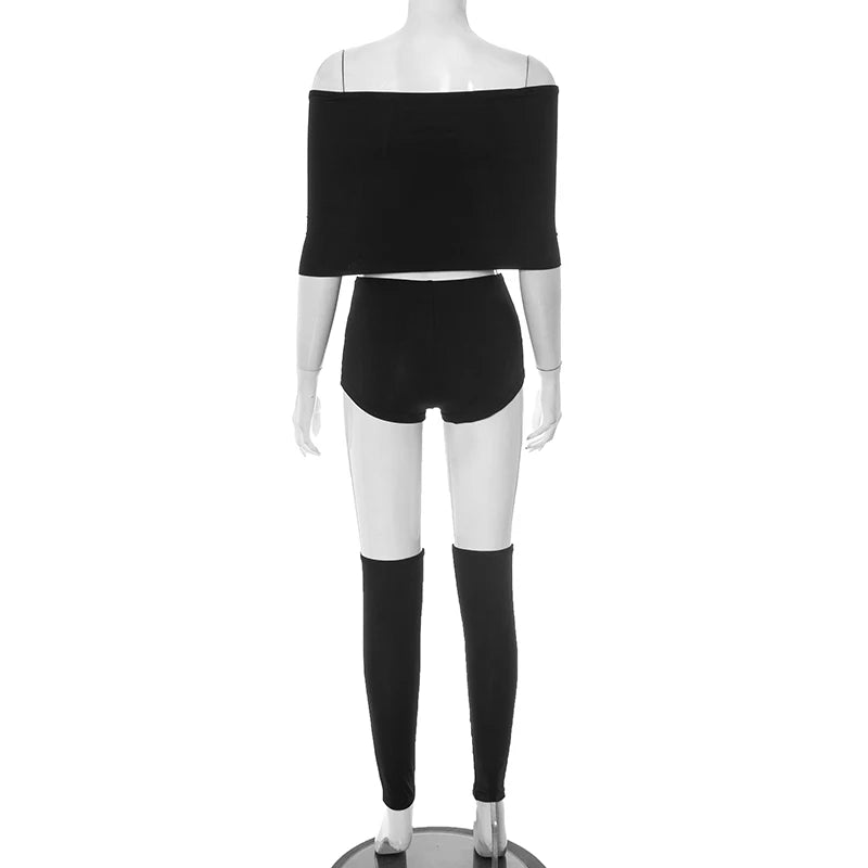Weird Puss Summer 2 Piece Set Women Simple Trend Slash Neck Mid Sleeve Crop Tops+Shorts+Foot Cover Matching Streetwear Outfits