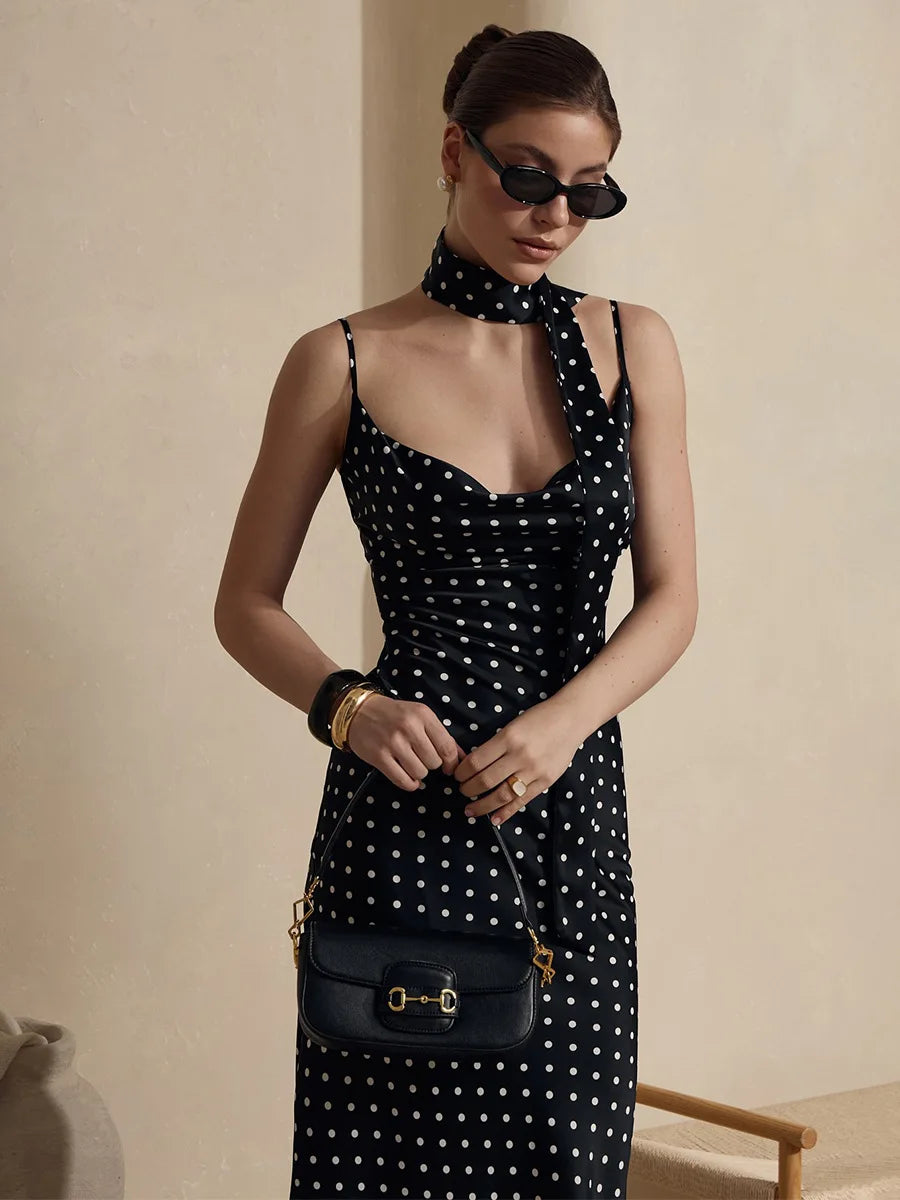 Summer Polka Dot Halter Tie Waist Maxi Dress for Women