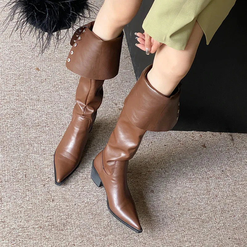 Modern Ladies Knee High Boots With Heels Shoes Female Slip On Footwear Fashion Pointed Toe Women Long Boots Pumps Shoes lady