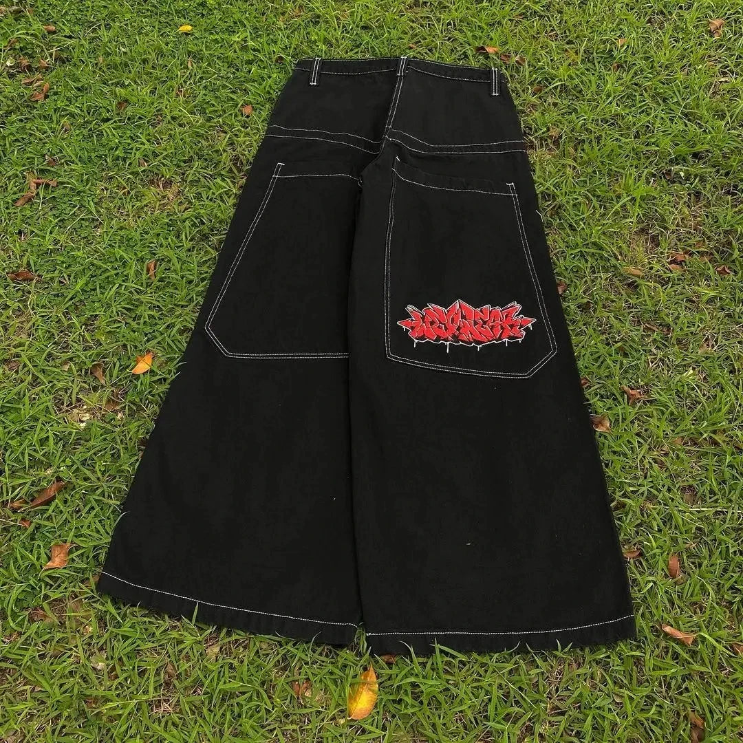 Y2k 2000s Statue of Liberty Klein Stone Jeans Pocket Hip Hop Pattern Embroidery Denim Pants High Waist Straight Wide Leg Jeans