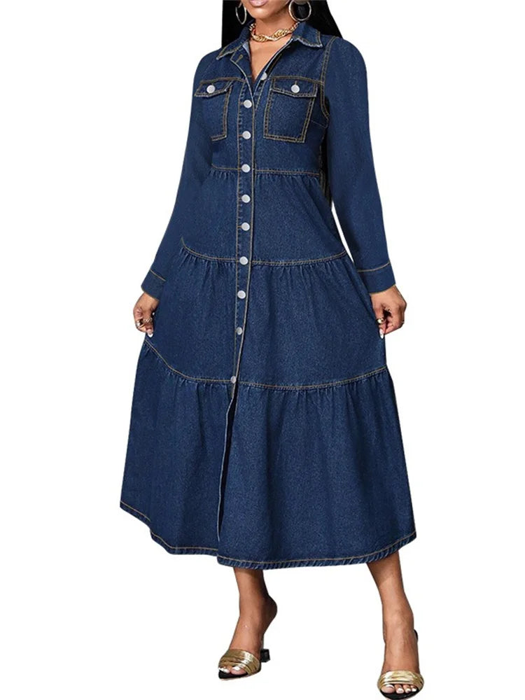 Wmstar Denim Dress Women Casual Button Cardigan Long Sleeve Dresses Fashion Streetwear New Spring Clothes Wholesale Dropshipping