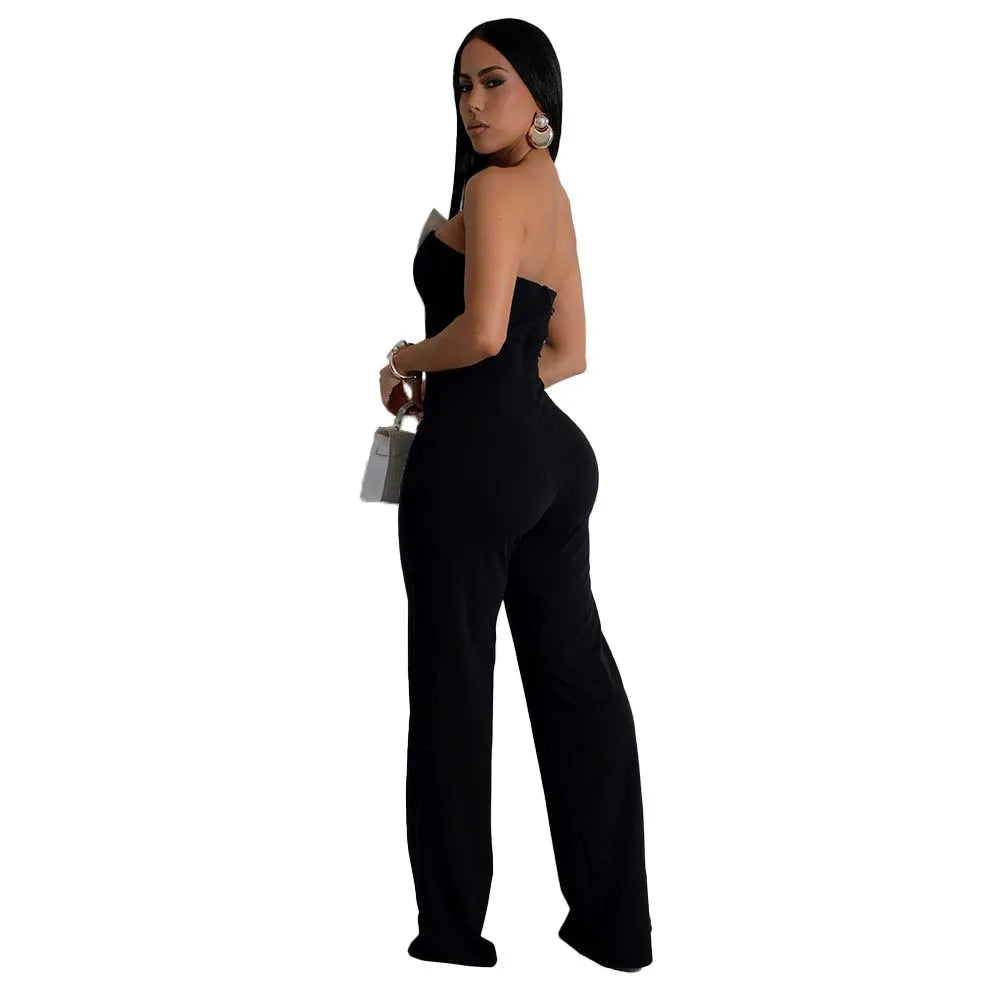 CM.YAYA Elegant Button Strapless Sleeveless Irregular Girl Jumpsuits 2025 Spring Women's Overalls Outfits Night Club One Piece