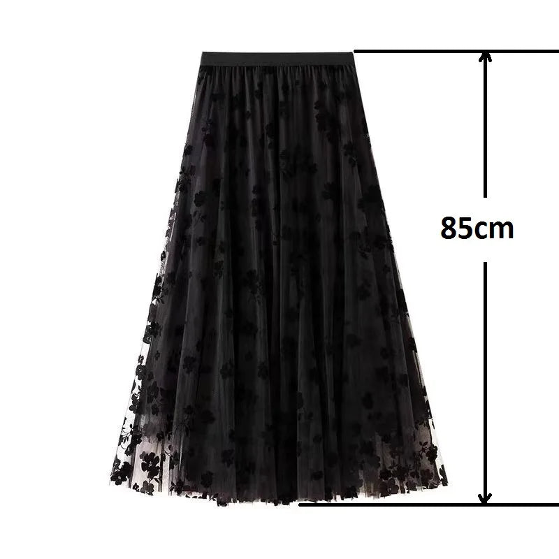Flocking Floral Pirnted Long Mesh Skirt for Women, High Waist, Max Pleated Tutu, Tulle Skirt, Gauze Skirt, Female, 2025