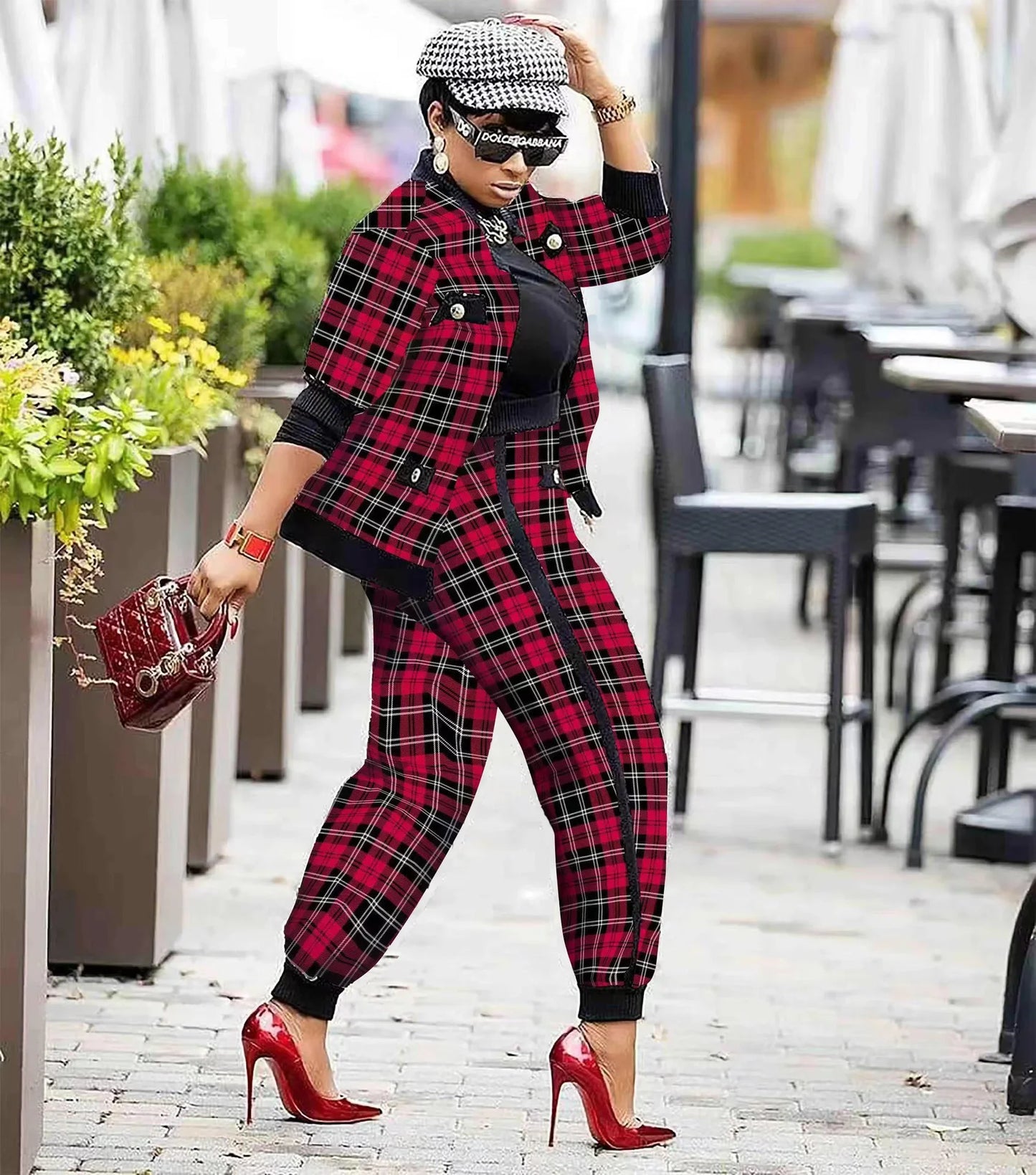 CM.YAYA Houndstooth Patchwork Two 2 Piece Set for Women Vintage Fitness Outfits Jacket + Pants Set Streetwear Tracksuit