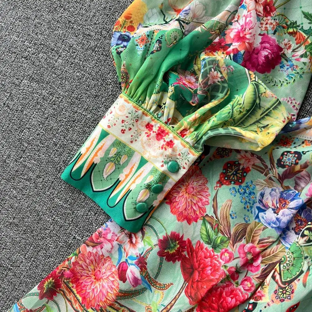 Women's Turtleneck Lantern Sleeve Single Breasted Flower Print Maxi Dress Autumn Bohemian Chiffon Green Belt Holiday Vestidos