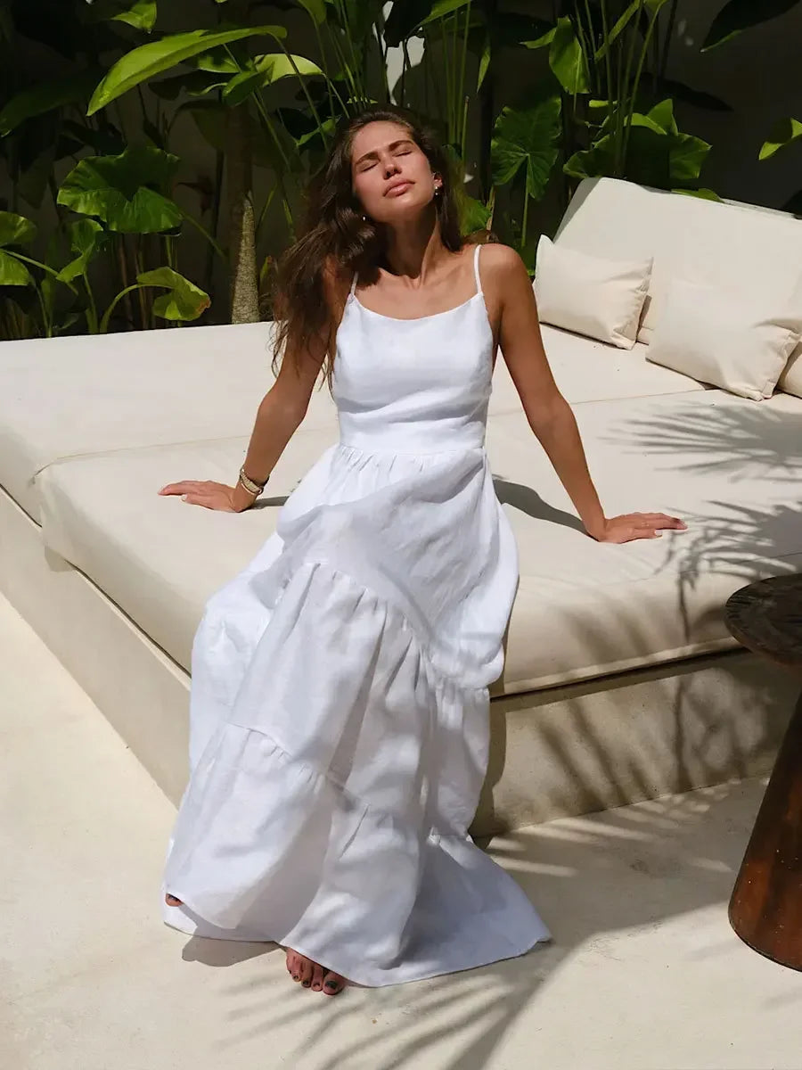 Loose Backless A Line Cotton Beach Maxi Dress for Women