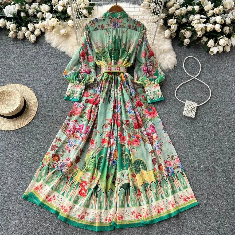 Women's Turtleneck Lantern Sleeve Single Breasted Flower Print Maxi Dress Autumn Bohemian Chiffon Green Belt Holiday Vestidos