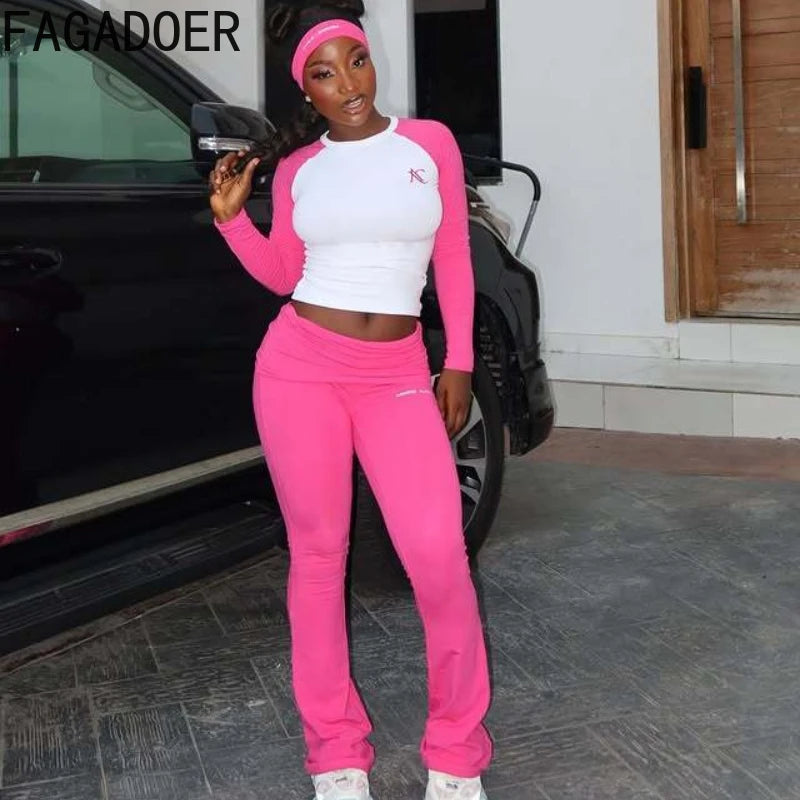 FAGADOER Casual 2 Pieces Set for Woman Long Sleeve Round Neck T-Shirt and High Waist Pants Matching Tracksuits Female Sportswear
