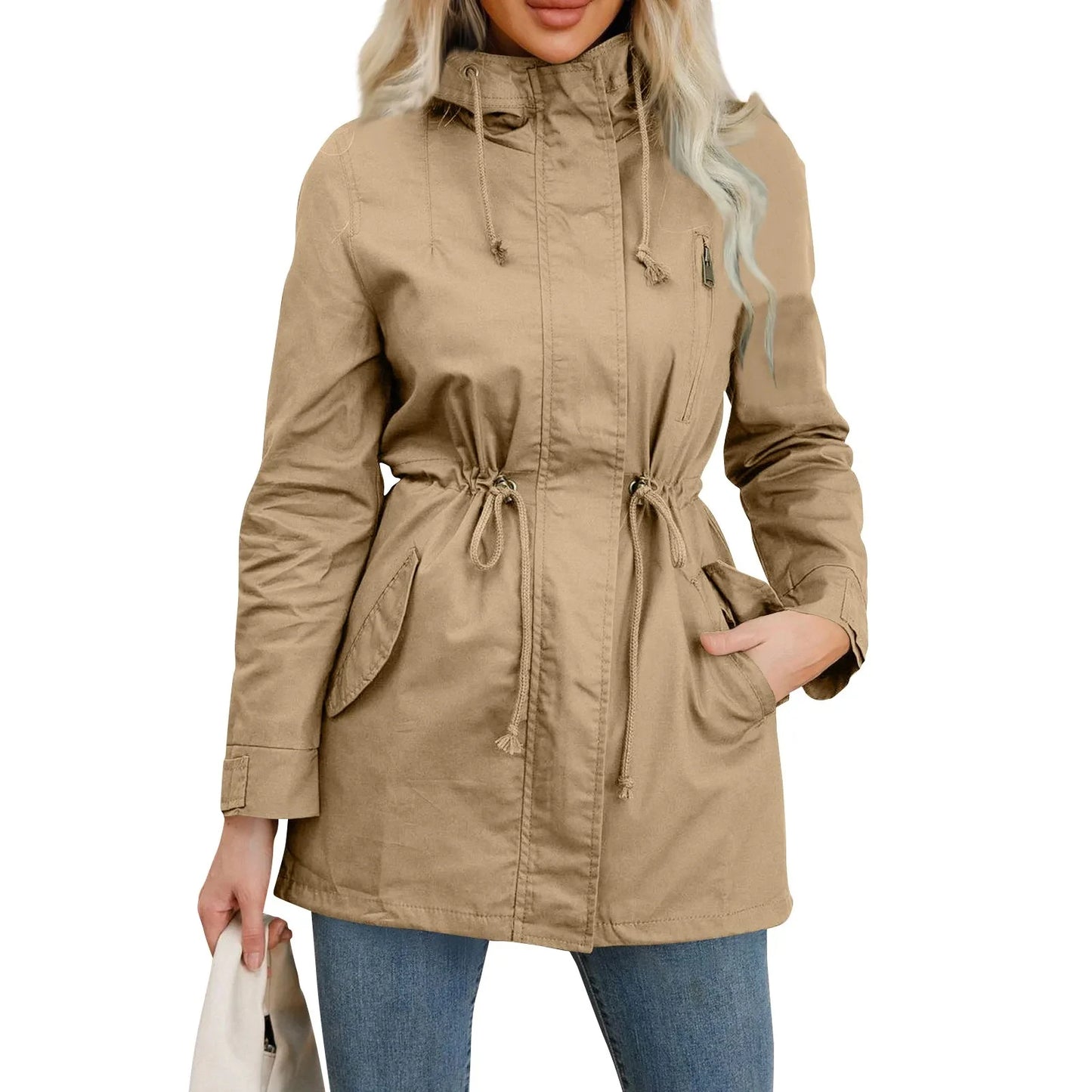 Women's Hooded Trench Coat Spring Autumn Fitted Solid Color Jacket for Daily Outdoor Camping Hiking