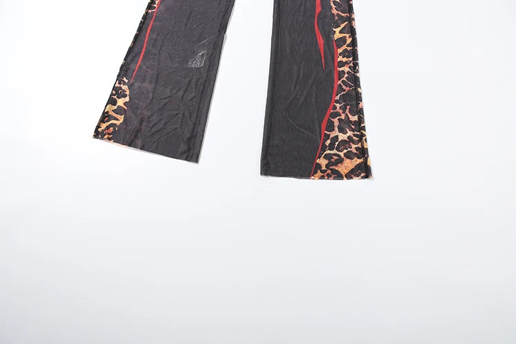 Weird Puss Sexy Women 2 Piece Set See Through Leopard Print Shorts Sleeve Crop Tops+Flare Pants Matching Clubwear Skinny Outfits