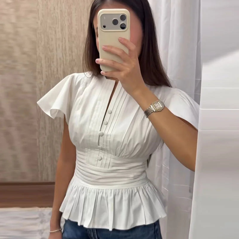 Elegant Puff Sleeve Cinched Waist Solid Color Blouse for Women