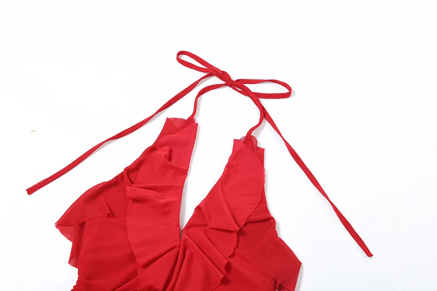 Sylcue Spring New Sweet Gentle Red Sexy Confident High Street Mature Beautiful Cool Women'S Short Ruffled Halter Dress
