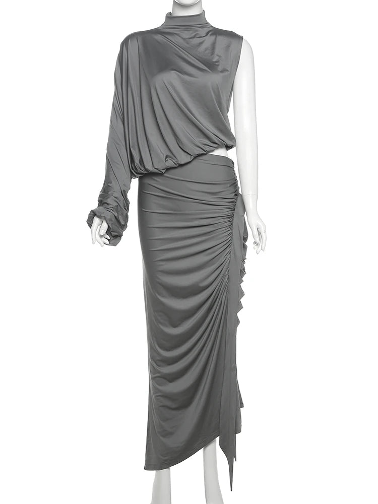 kliou Unique Irregular Women 2 Piece Set Solid Swinging Pleated Single Full Sleeve Turtleneck Tops+Matching Split Maxi Skirts
