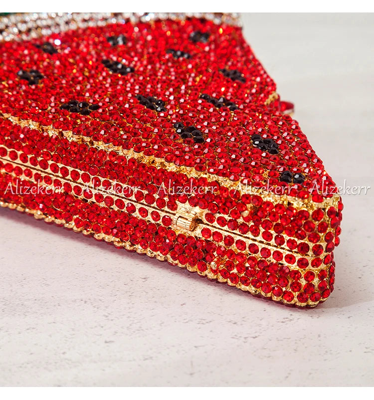 Alizekerr Pizza Shaped Diamond Evening Clutch Bags 2024 New Gorgeous Unique Metallic Watermelon Rhinestone Purses Wedding Party