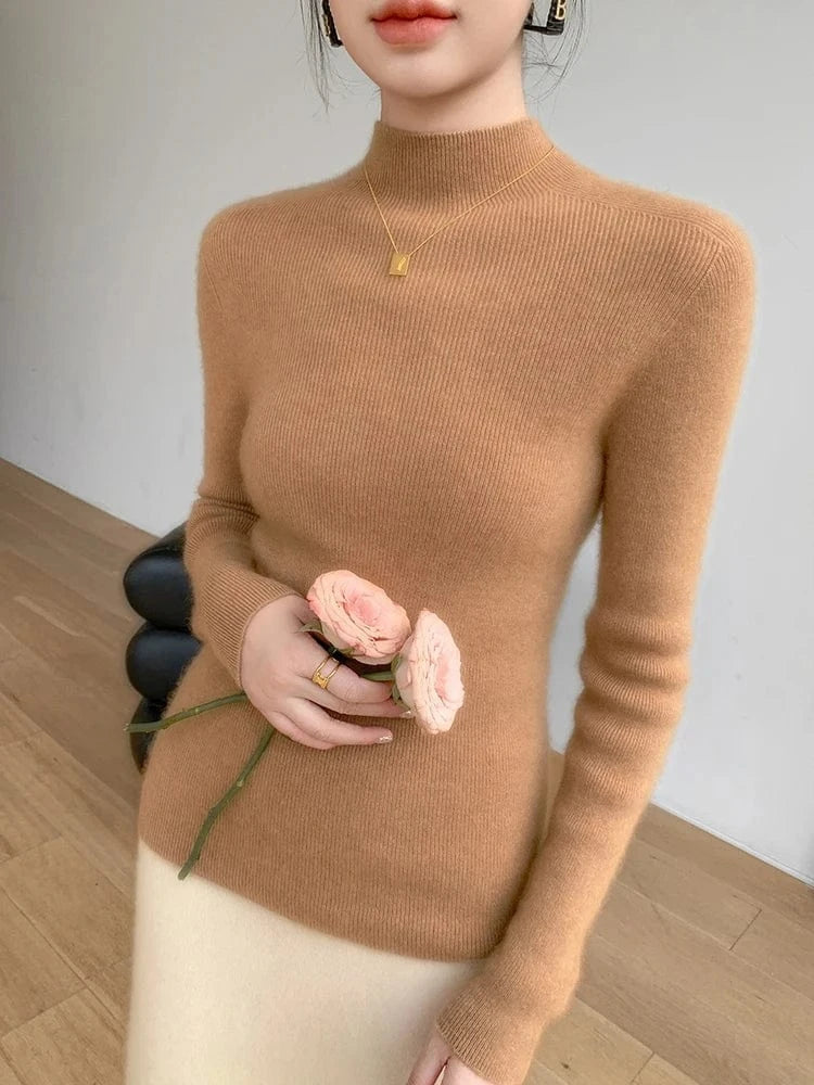 Women 100% Cashmere Sweater Mock Neck Pullover Autumn Winter Slim Basic Cashmere Knitwear Soft Warm High Strecth Pullover Tops
