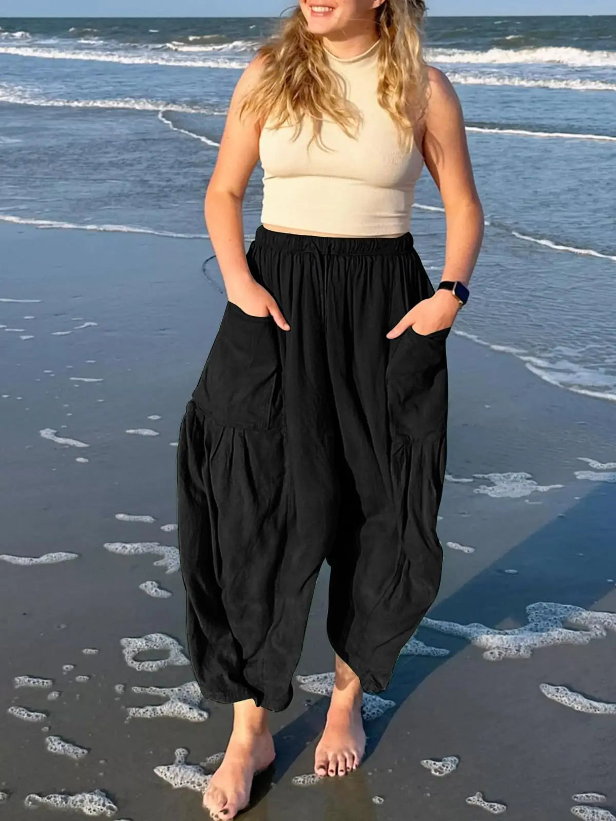 Loose Wide Leg Pants Women's Clothing Elastic Waist Pleated High Waist Casual Cotton Linen Solid Color Trousers Pants