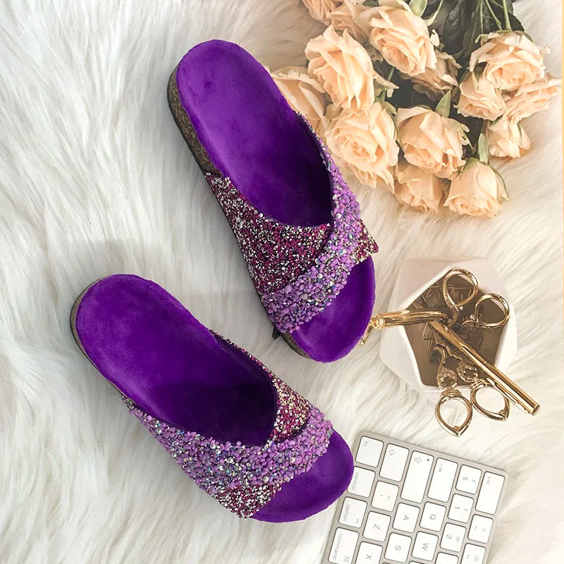 Summer Bling rhinestones Beach outside flat Women Slippers Fashion Casual Ladies Flip-Flops