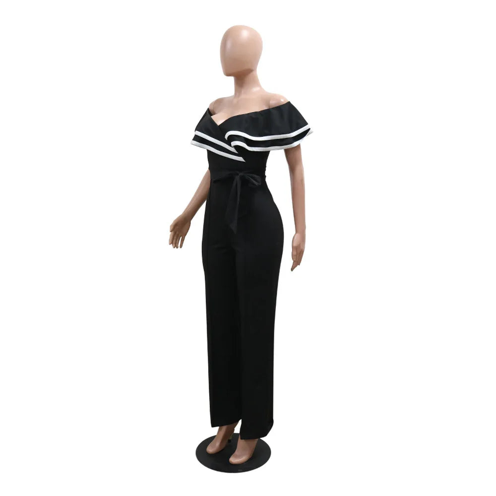 CM.YAYA Women V-neck Off Shoulder Ruffles Wide Leg Jumpsuits 2024 Summer Fashion Sexy Party Playsuit One Piece Suit Rompers